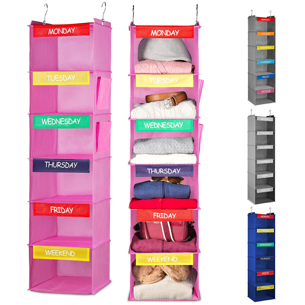 Handy Laundry front view showing six colorful shelves and easy access for faster mornings