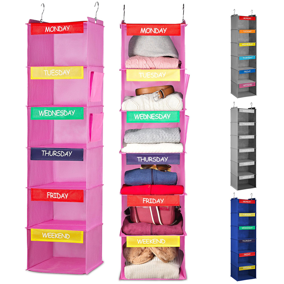 Handy Laundry front view showing six colorful shelves and easy access for faster mornings
