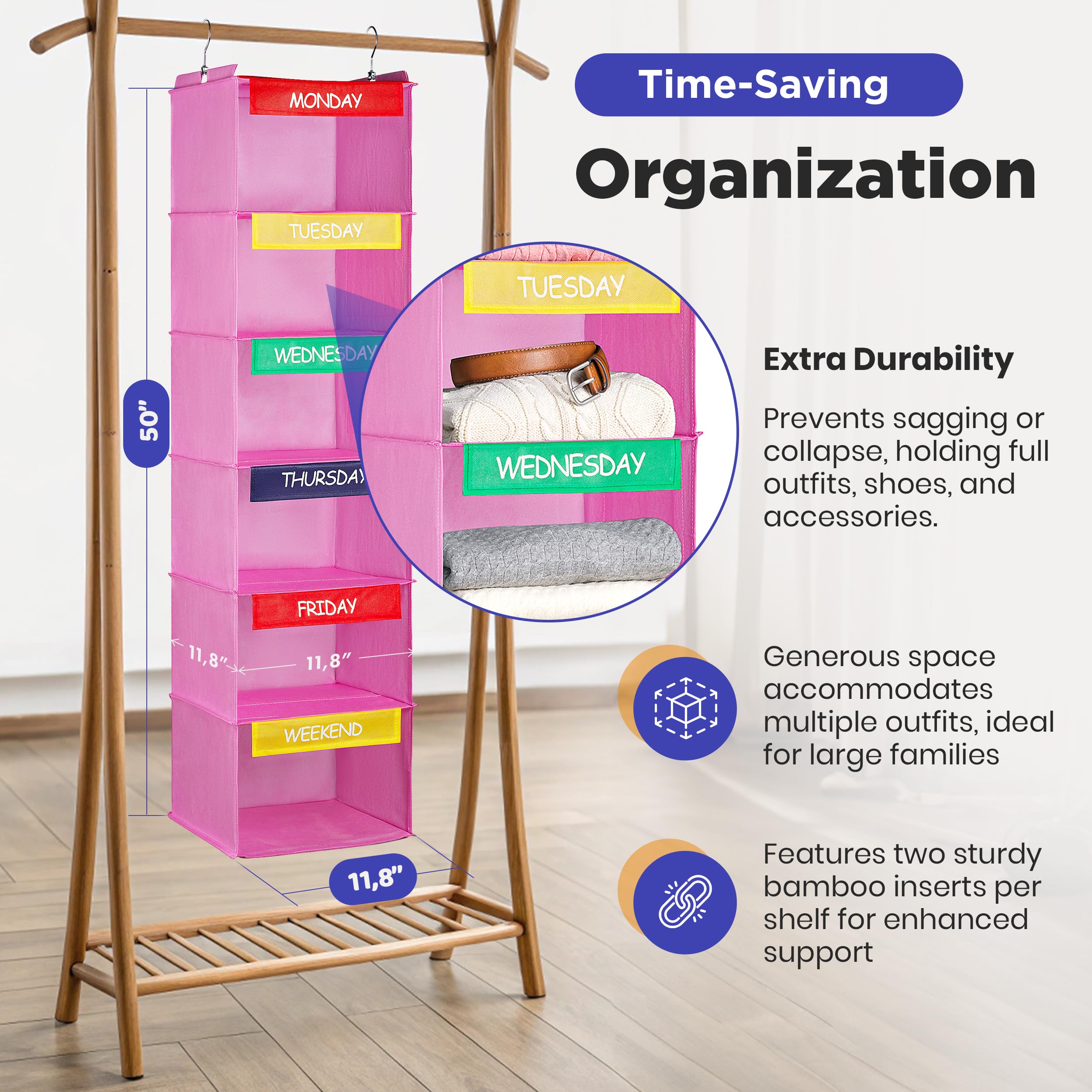 Handy Laundry shelf detail highlighting roomy compartments that hold full outfits neatly