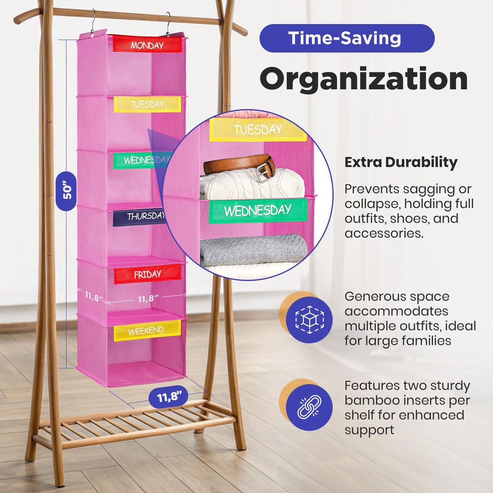 Handy Laundry shelf detail highlighting roomy compartments that hold full outfits neatly