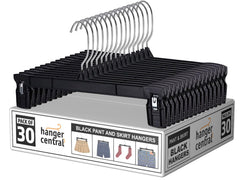 Hanger Central front packaging showing 30-pack black slim hangers and compact benefit