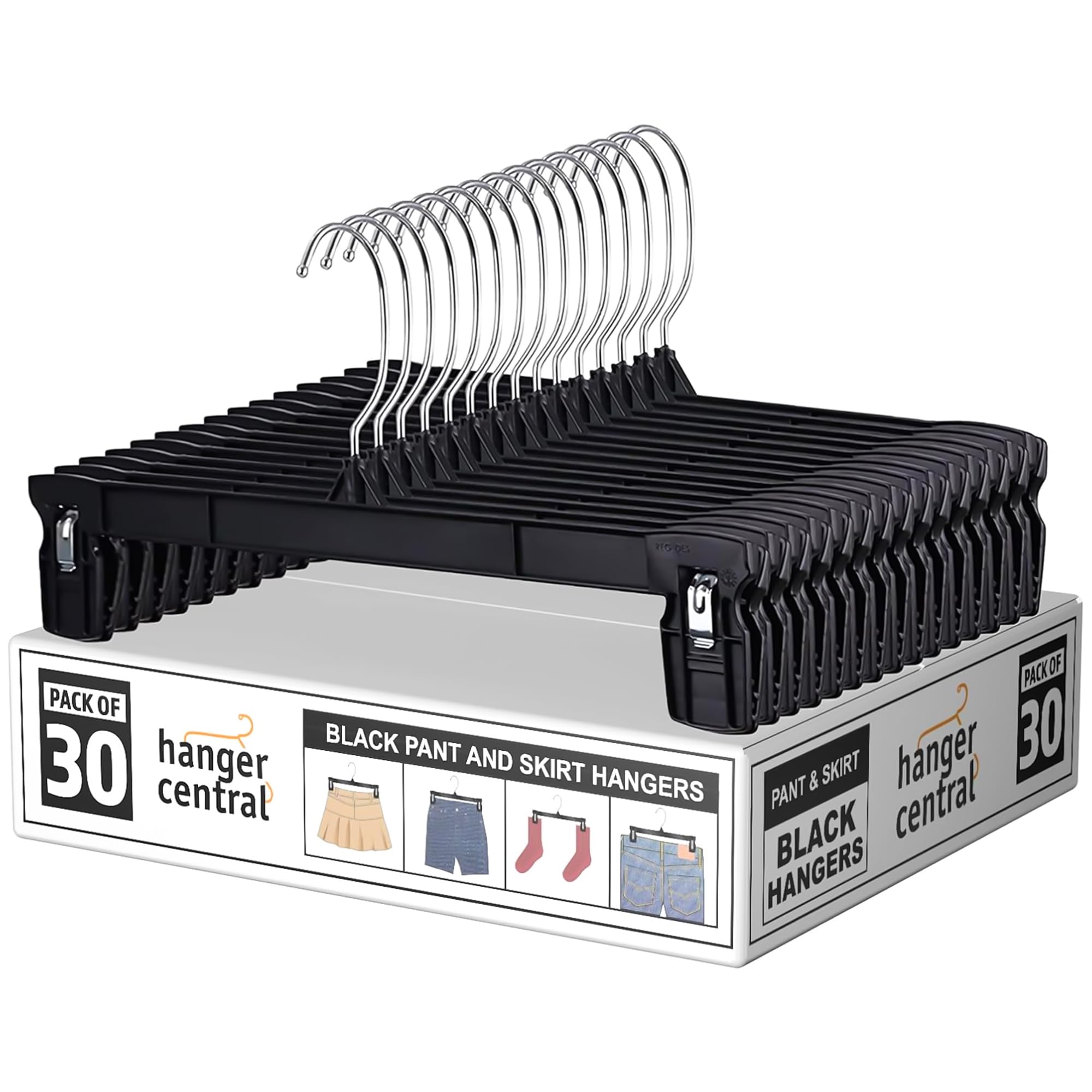 Hanger Central front pack of 30 black youth clip hangers showing quantity and color for organization