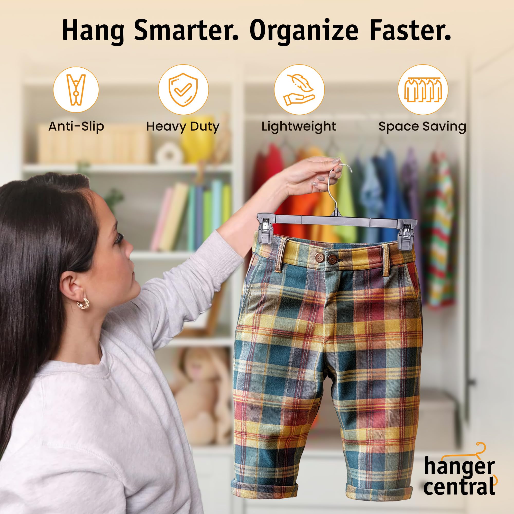Hanger Central hanger holding toddler pants to demonstrate secure everyday use