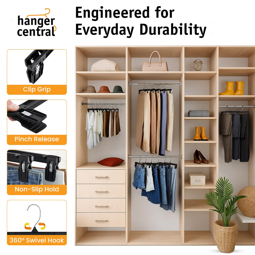 Hanger Central holding pants on hanger to demonstrate secure, crease-reducing storage