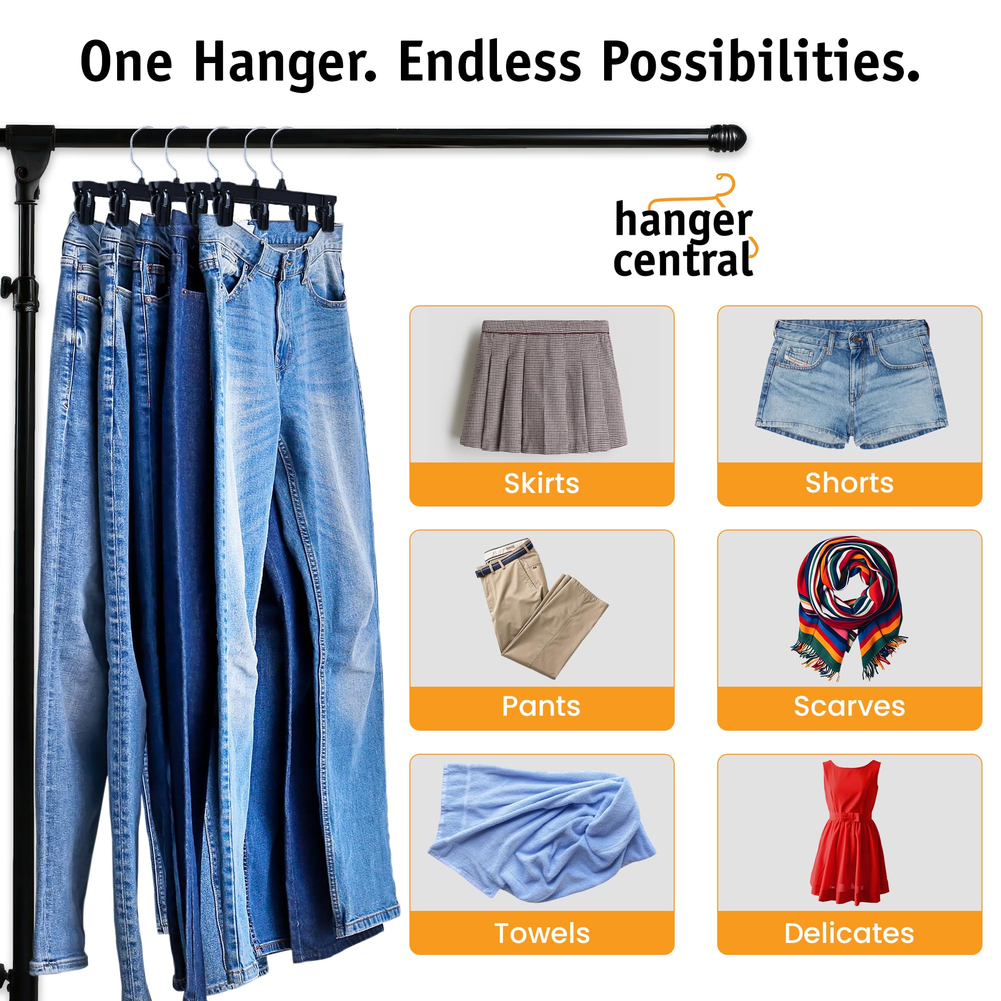 Hanger Central 12-inch hangers beside a full-size hanger to show space-saving scale
