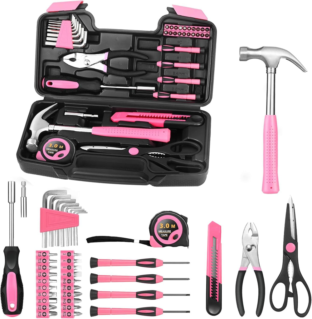 HANGYING pink toolbox front view showing organized tools and portable handle benefit