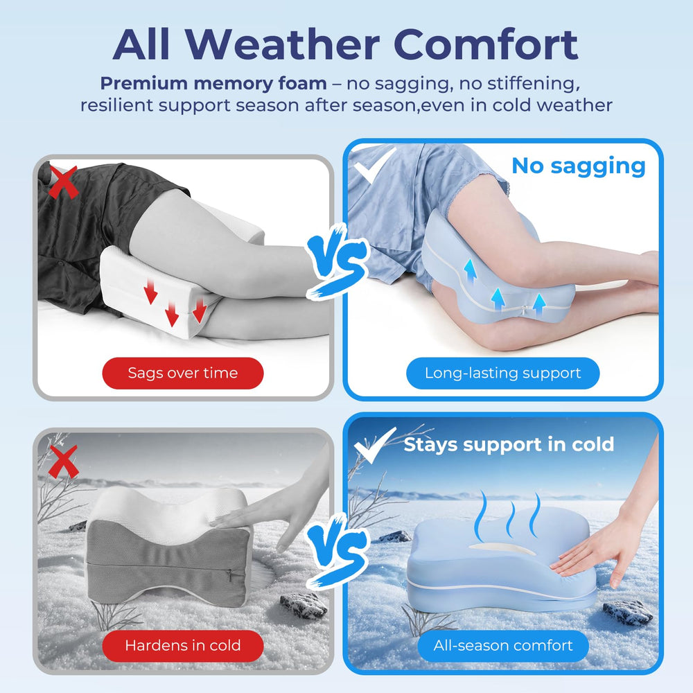 HANQIMER pillow positioned between legs of side sleeper showing improved posture