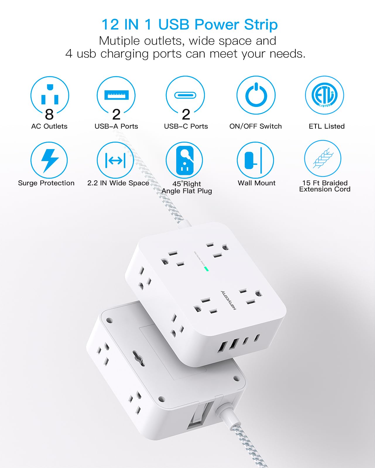HANYCONY flat plug and 15ft braided cord detail for flexible placement