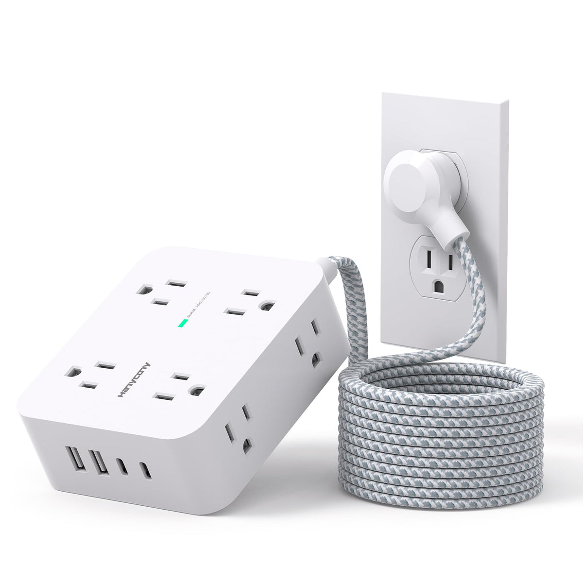 HANYCONY front view showing eight AC outlets and USB ports for organized charging