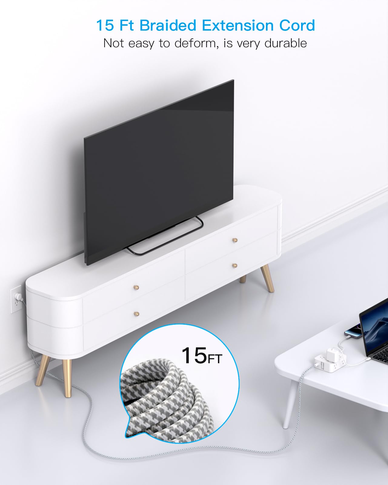 HANYCONY power strip in a desk setup organizing devices and cables neatly