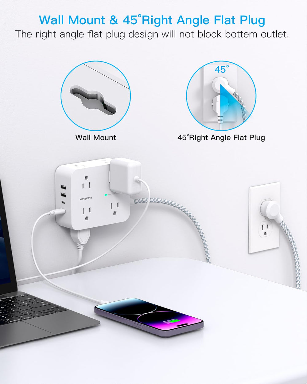 HANYCONY power strip next to phone to show size and outlet spacing benefits
