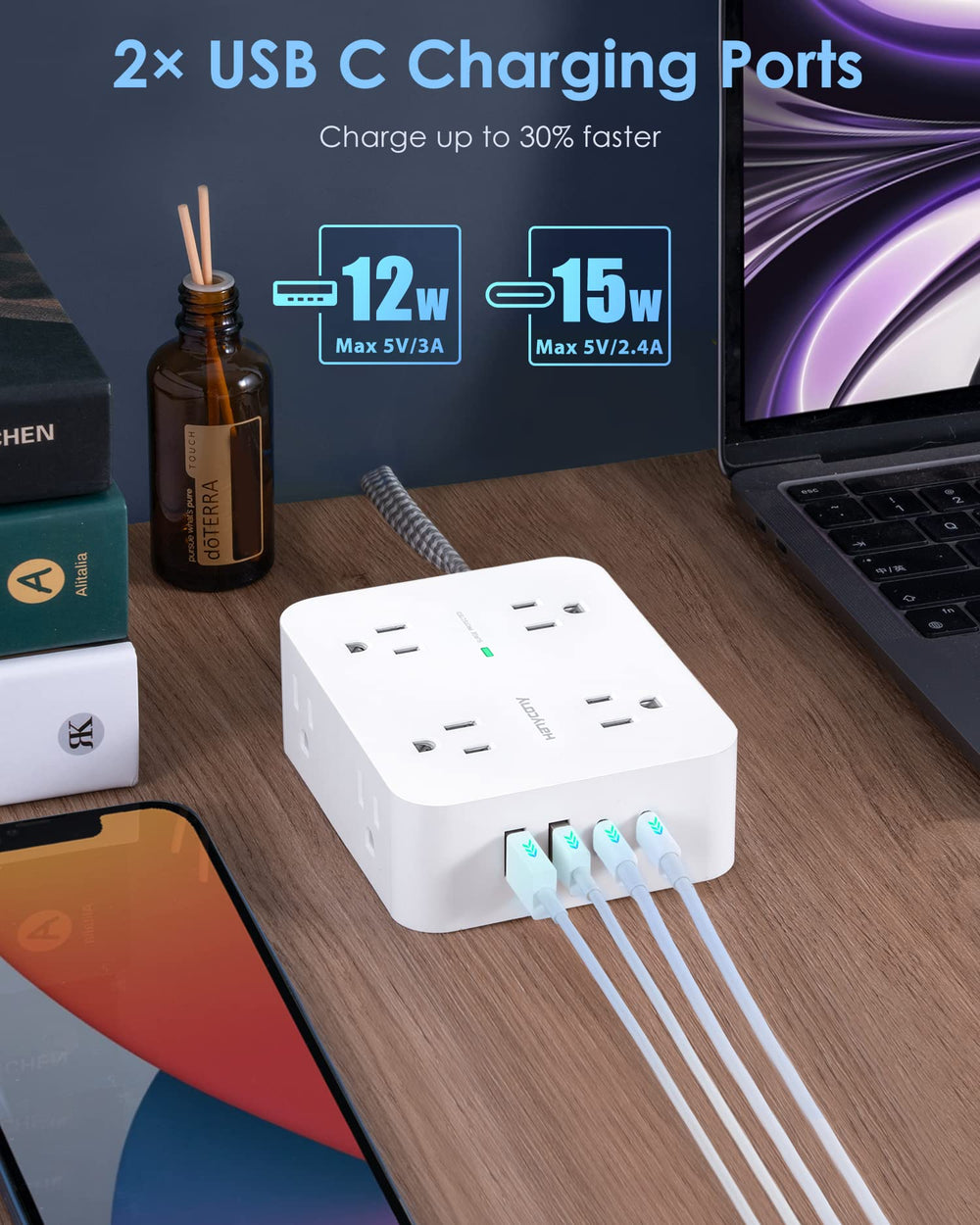 HANYCONY side angle showing 2.2-inch wide-spaced outlets preventing blockage