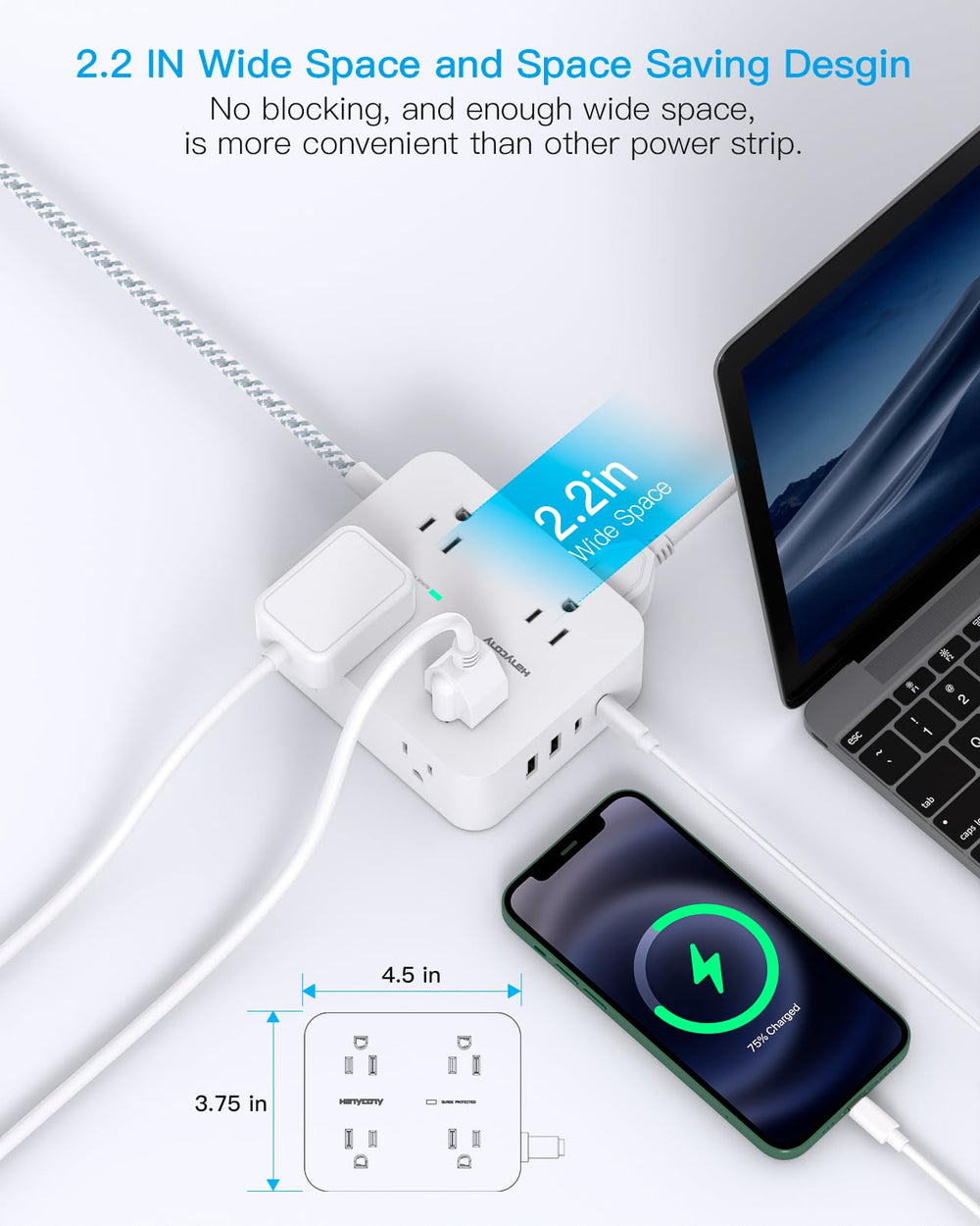 HANYCONY side profile showing three-sided outlets to prevent blocked sockets