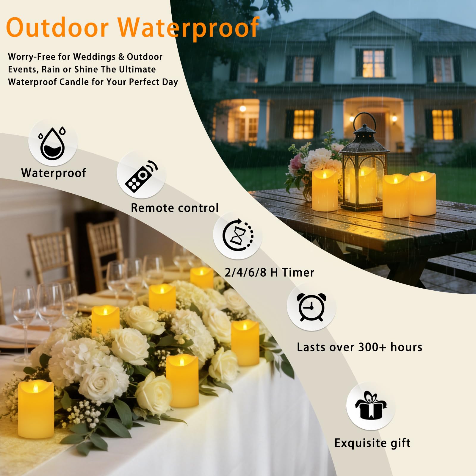 Haown candles arranged on patio table at dusk, creates cozy outdoor ambiance