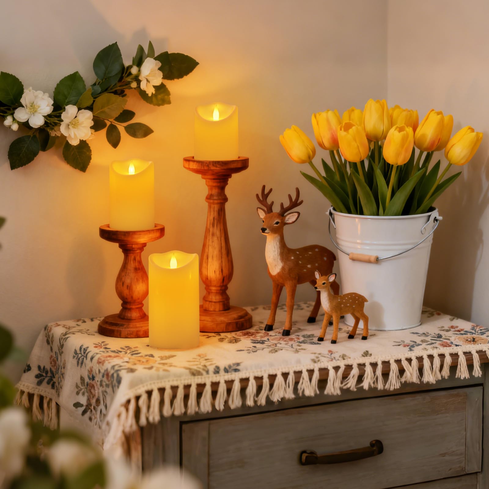 Haown pillars displayed in fireplace setting, provides safe flame-free atmosphere