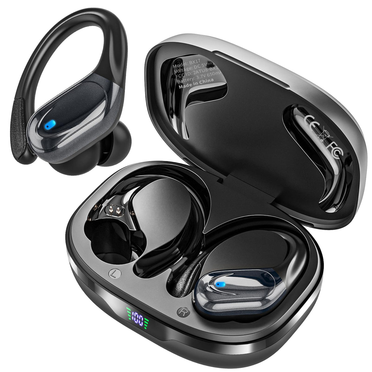 HAOYUYAN BX17 front view showing compact case and earbuds, clear branding and benefit