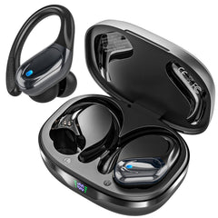 HAOYUYAN BX17 front view showing compact case and earbuds, clear branding and benefit