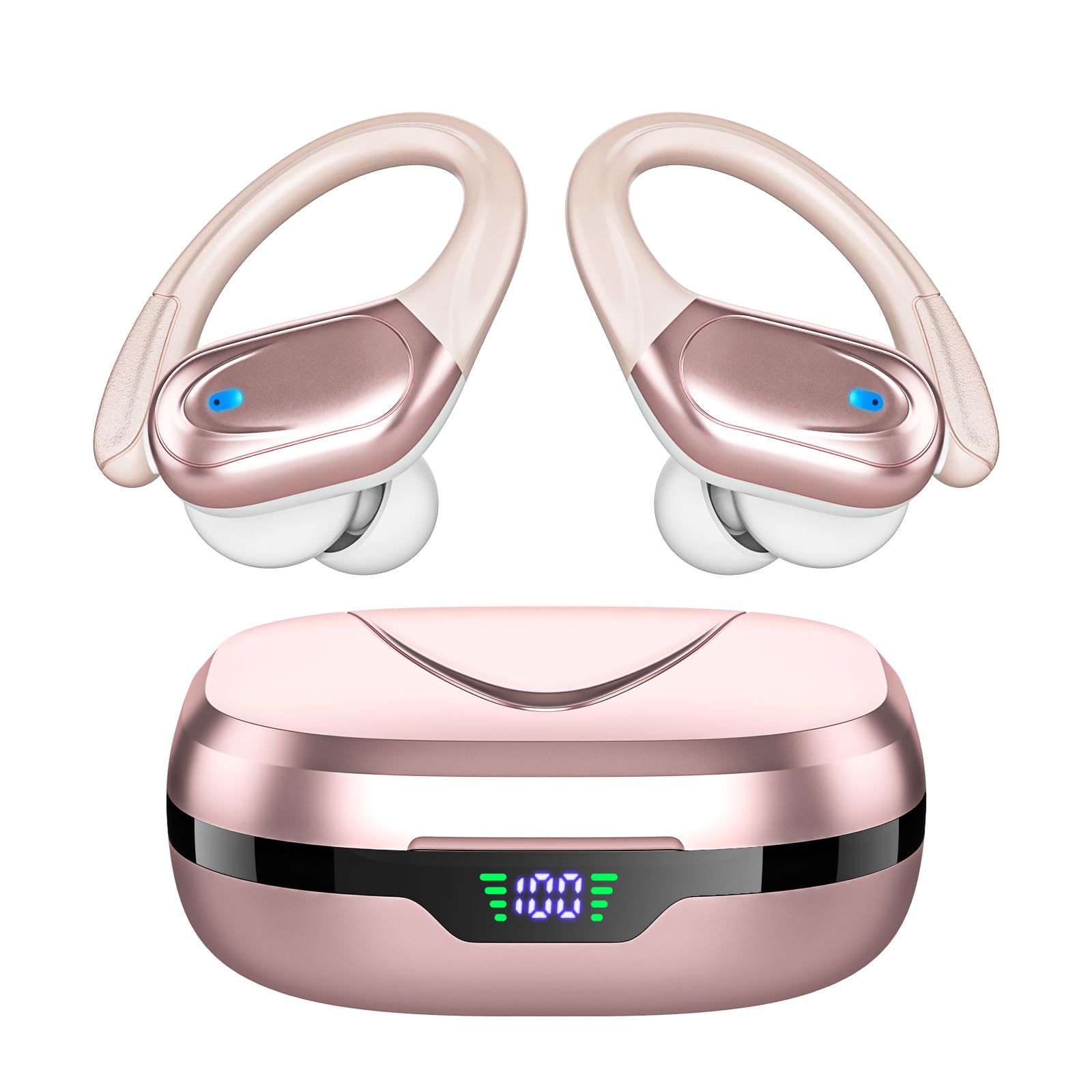 HAOYUYAN front view with case open showing earbuds and LED display benefit quick battery checks