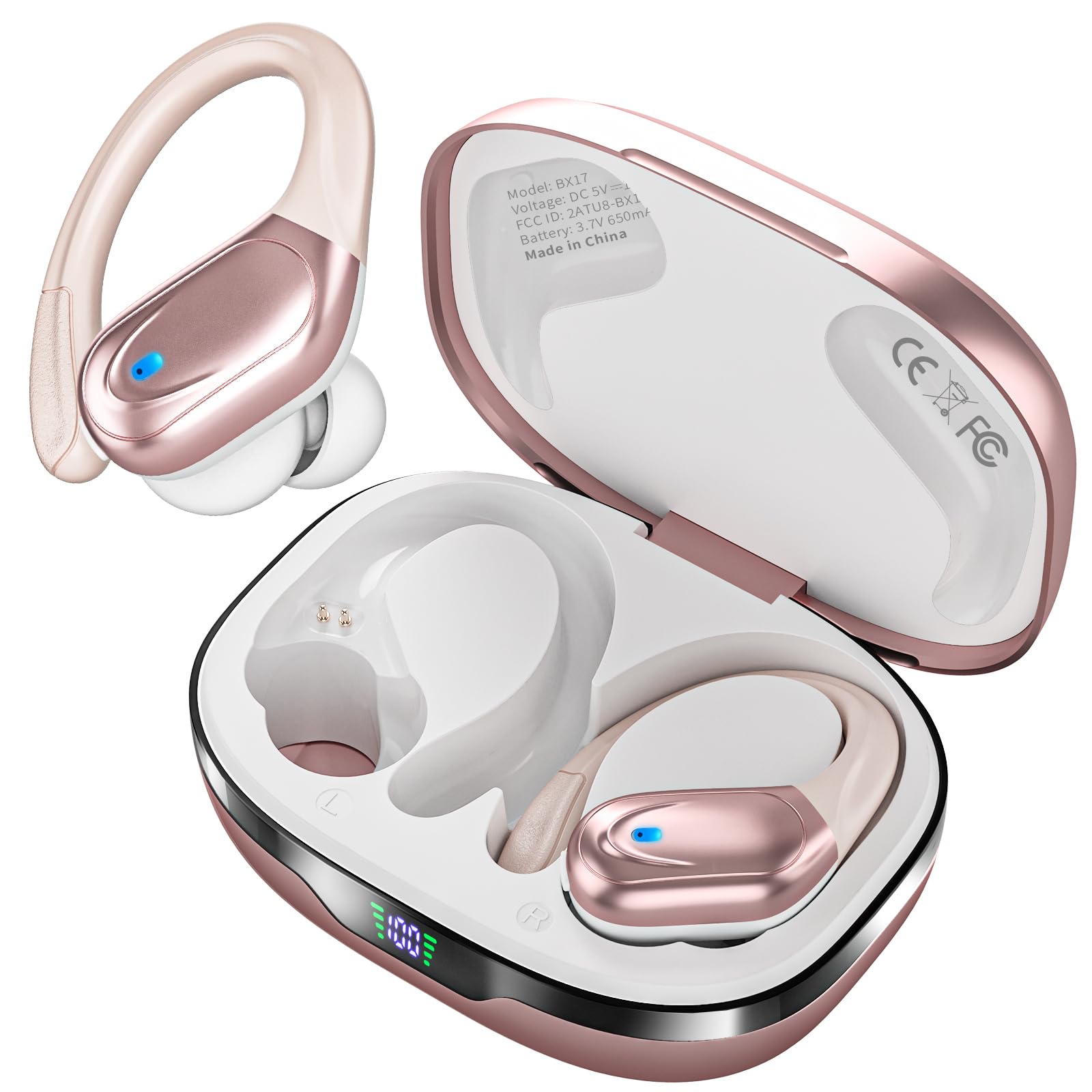 HAOYUYAN earbuds in open case showing LED battery display for reliable long playtime
