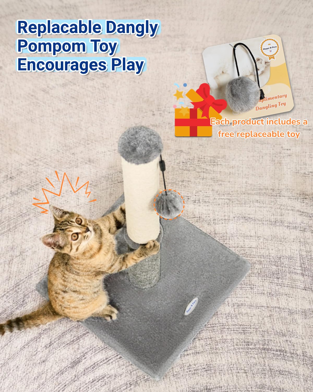 Happi N Pets detachable pom-pom toy close-up showing interactive play feature
