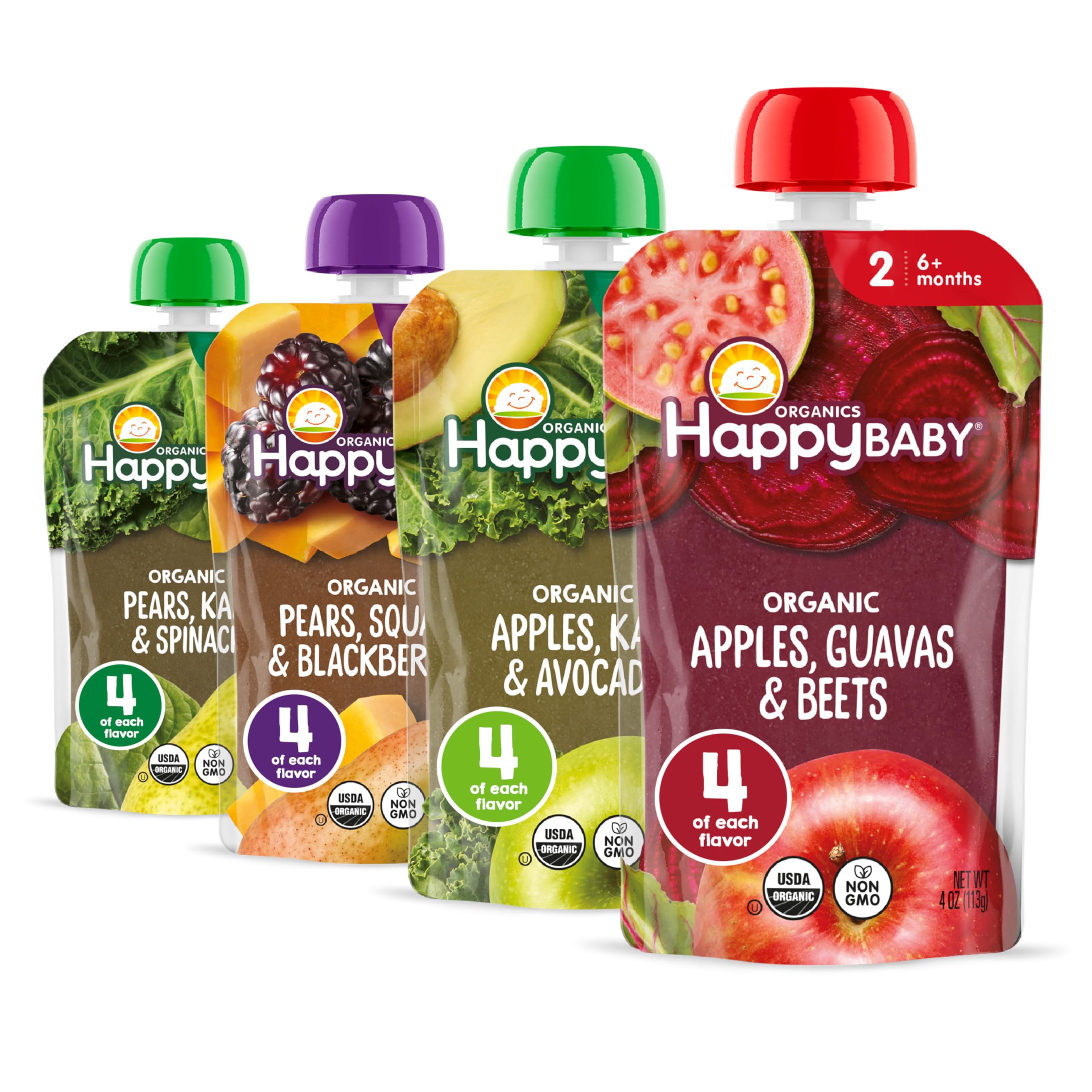 Happy Baby front packaging showing Stage 2 variety and clear pouches for easy choice