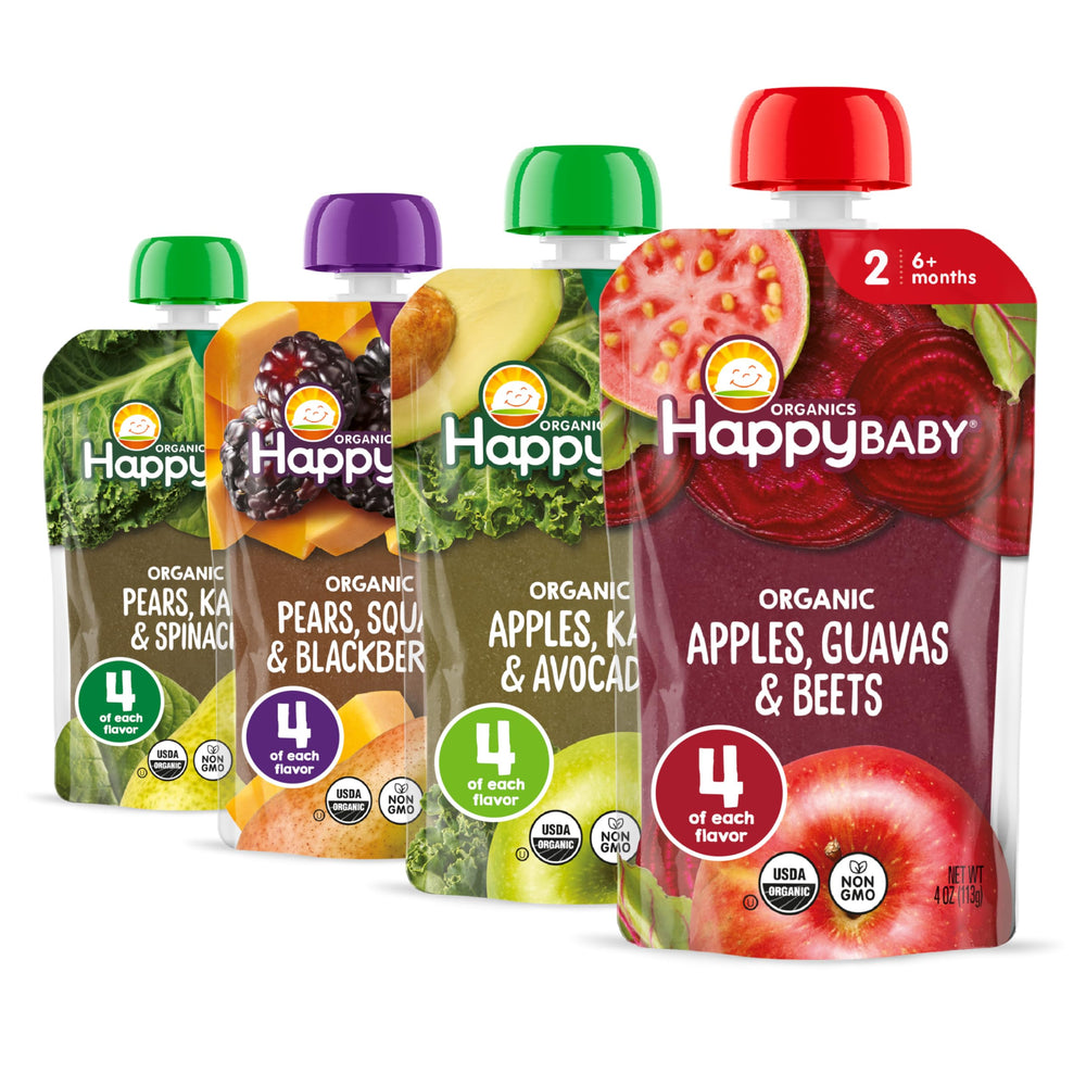 Happy Baby front packaging showing Stage 2 variety and clear pouches for easy choice
