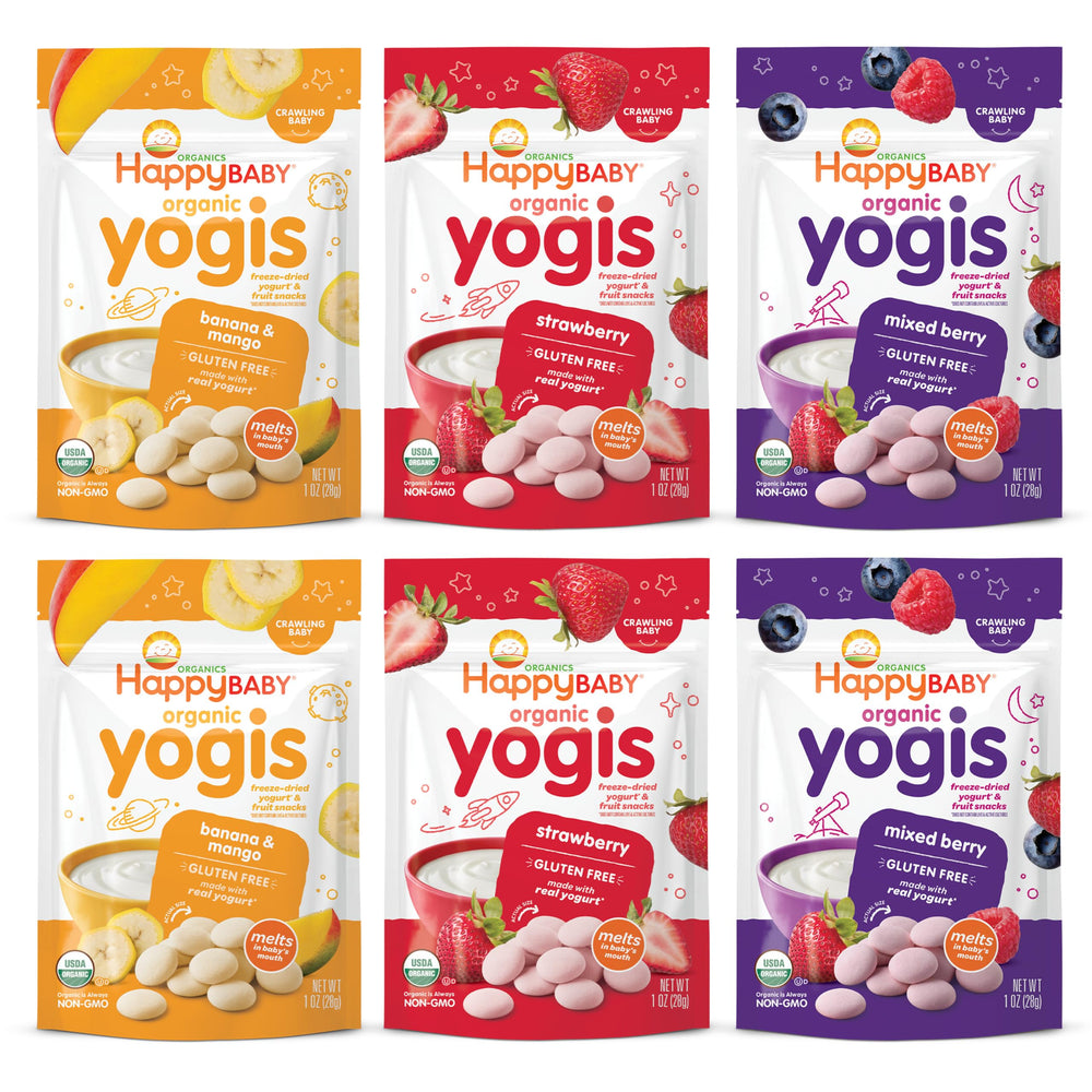 Happy Baby front packaging showing organic Yogis and benefits
