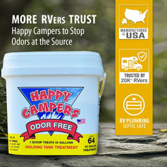Happy Campers scoop with powder close-up highlighting concentrated formula