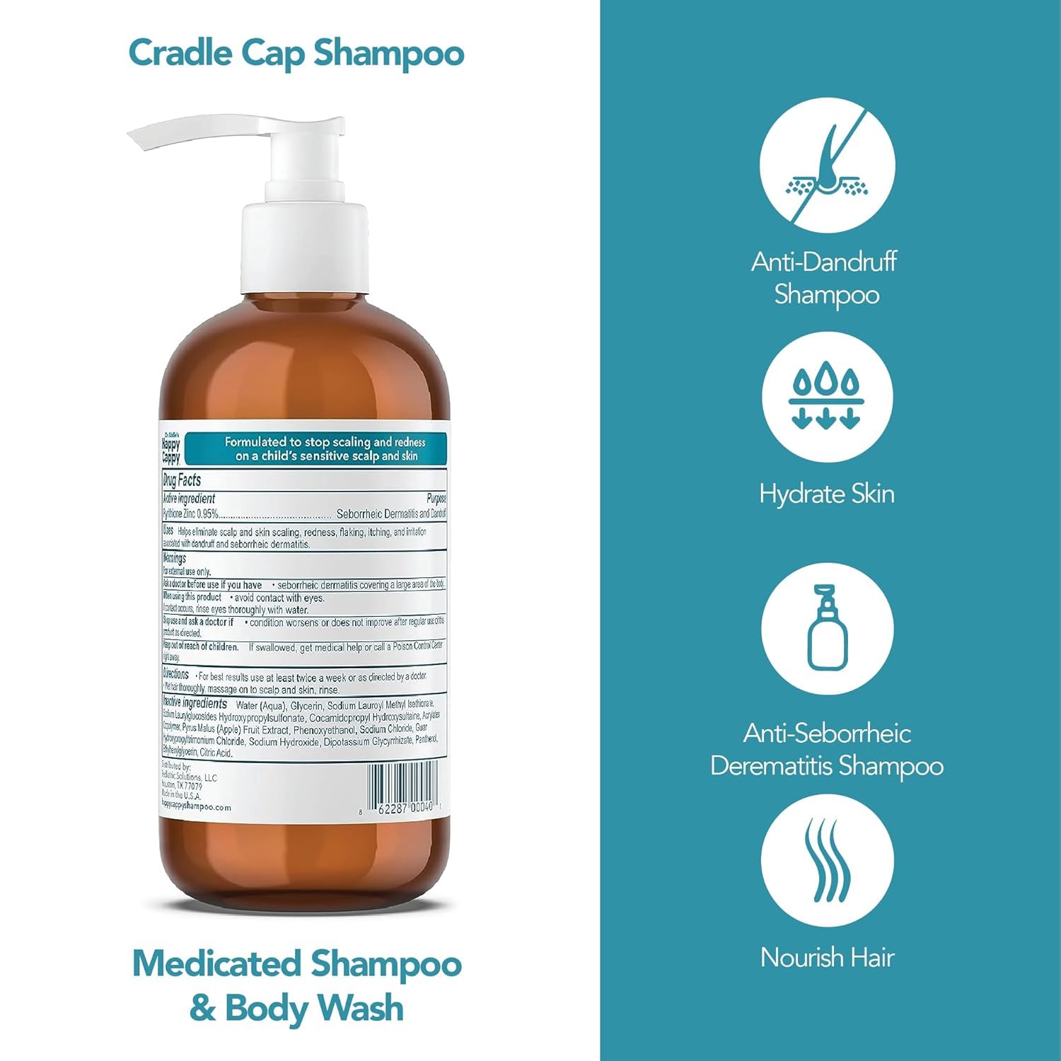 Happy Cappy bottle beside included comb highlighting convenient two-in-one treatment