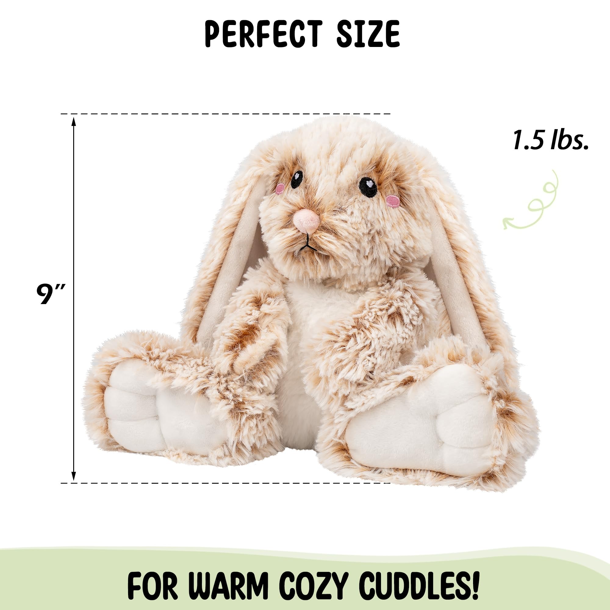 Happy Fuel bunny next to a hand to illustrate 1.5 lb weight and scale