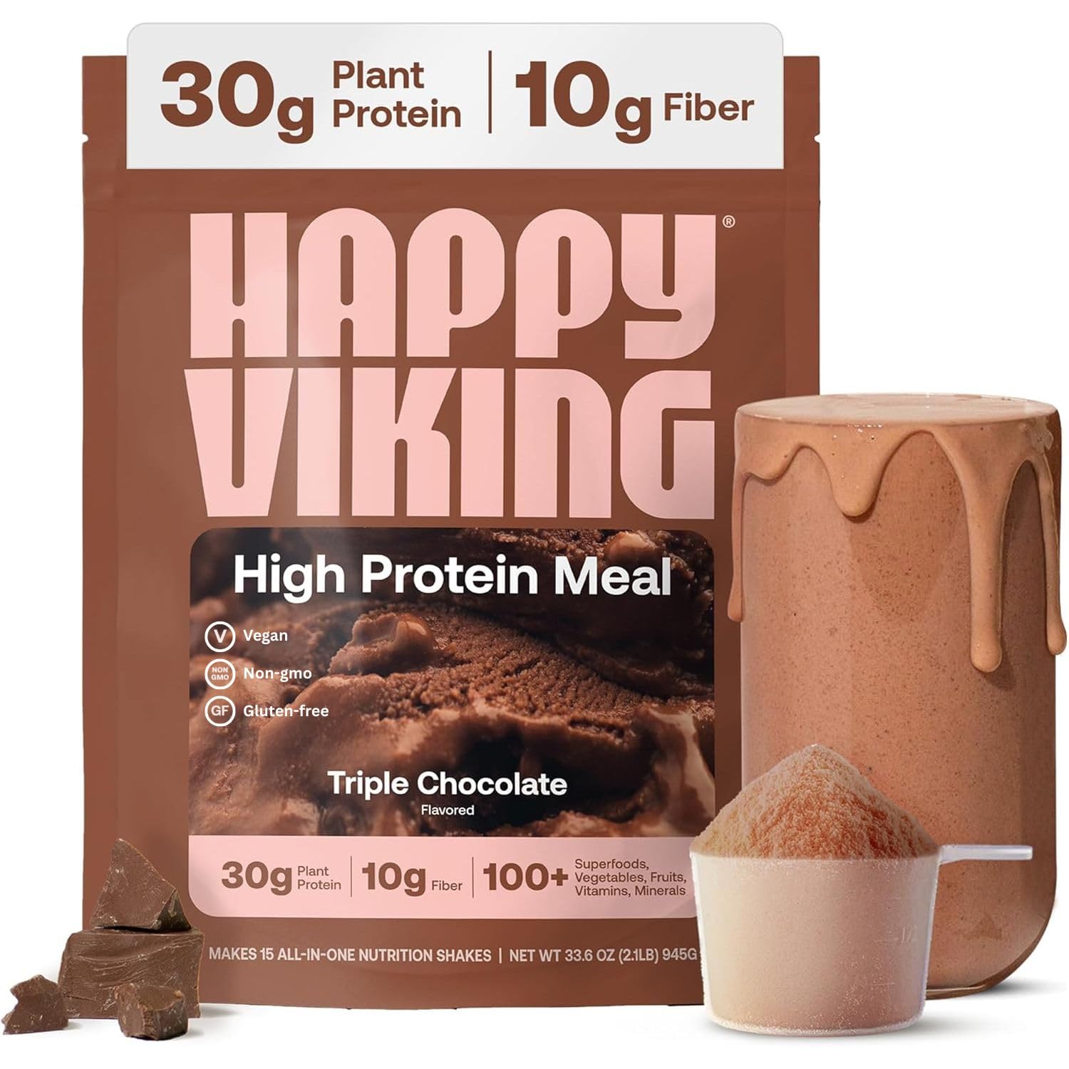 Happy Viking front tub showing chocolate protein convenience and clean ingredients