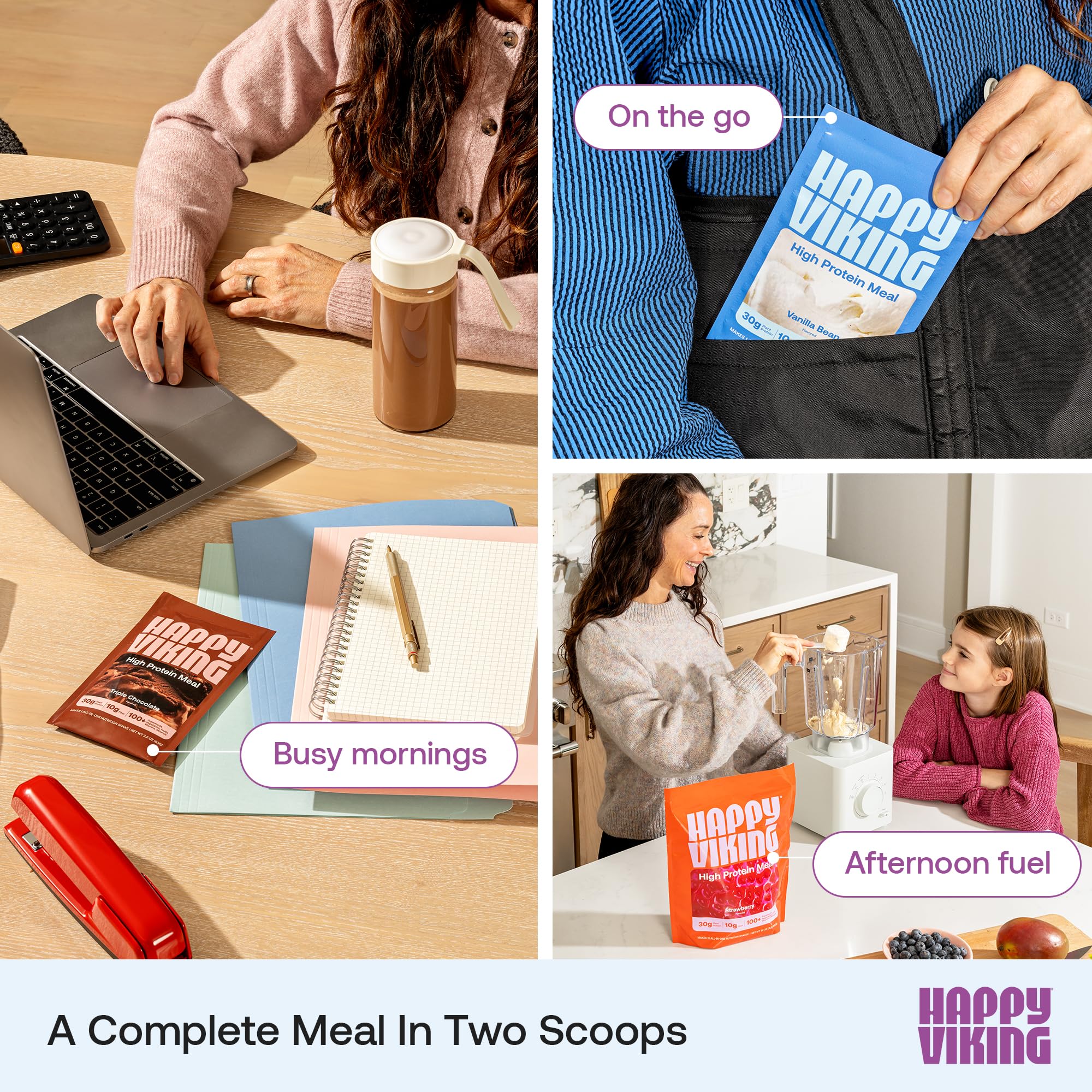 Lifestyle kitchen scene with Happy Viking showing quick morning protein option