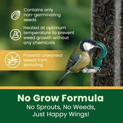Happy Wings seed filling a tube feeder illustrating easy use and reduced waste
