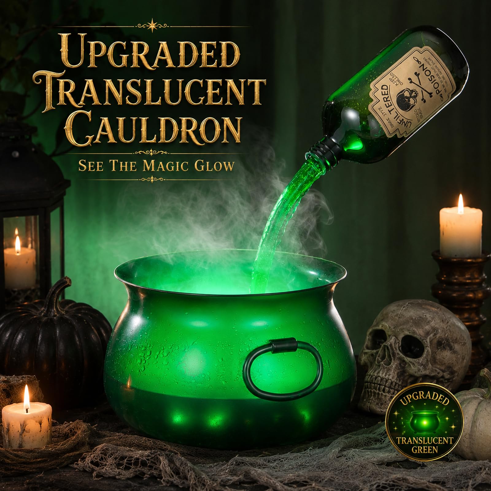 HAPPYCLUB floating potion bottles pouring over cauldron for magical visual impact
