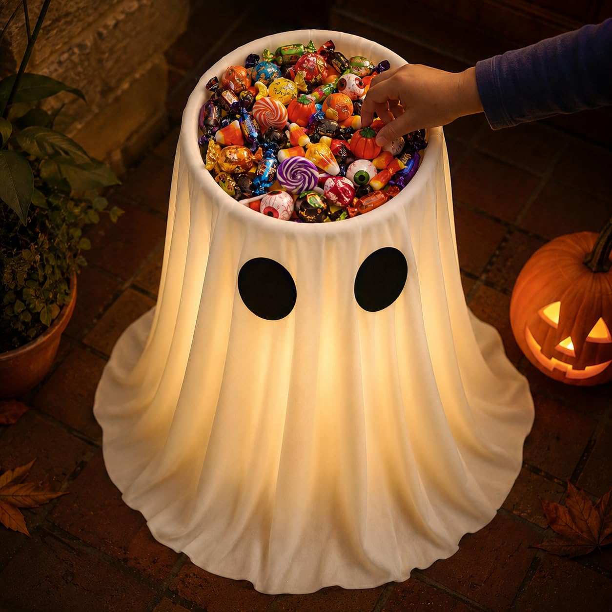 HAPPYCLUB front view ghost bowl showing full porch-ready display and trick-or-treat access