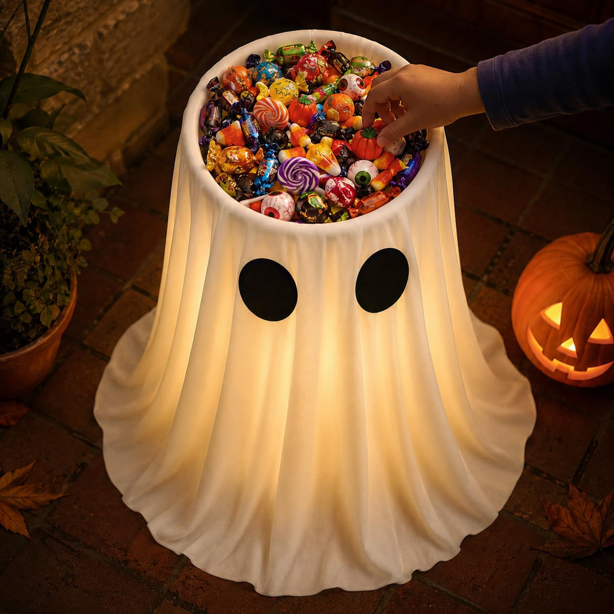 HAPPYCLUB front view ghost bowl showing full porch-ready display and trick-or-treat access