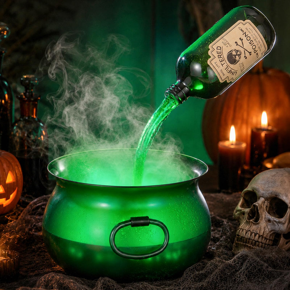 HAPPYCLUB front view translucent cauldron showing glowing green effect and ambience