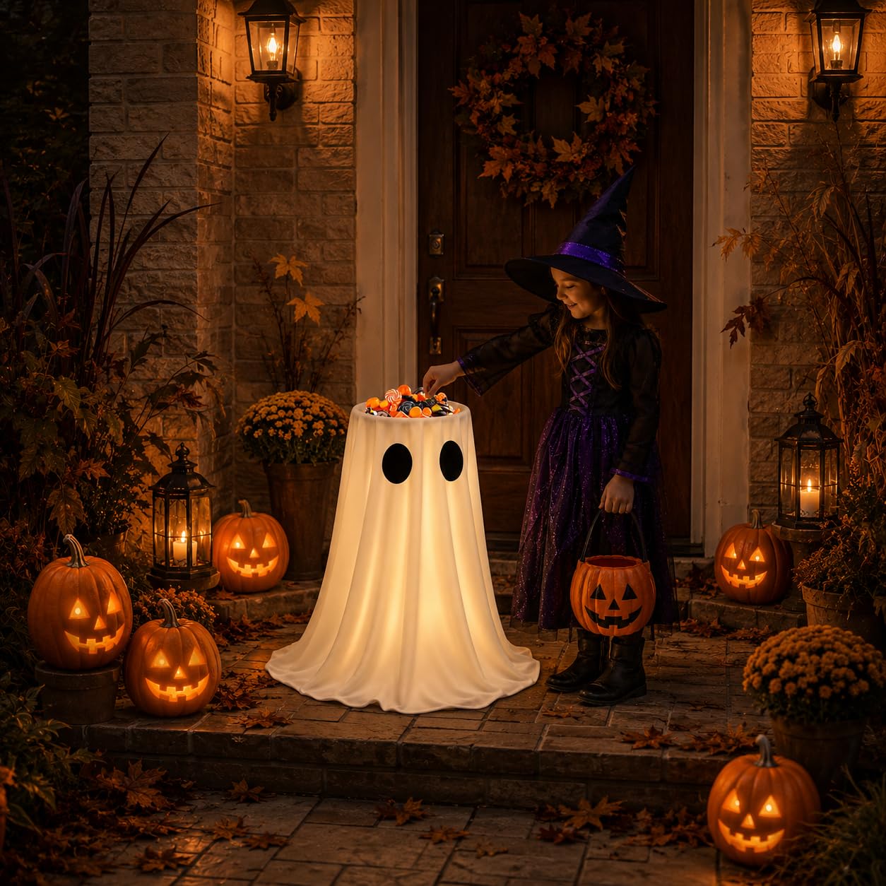HAPPYCLUB nighttime porch display glowing lights boosting curbside Halloween appeal
