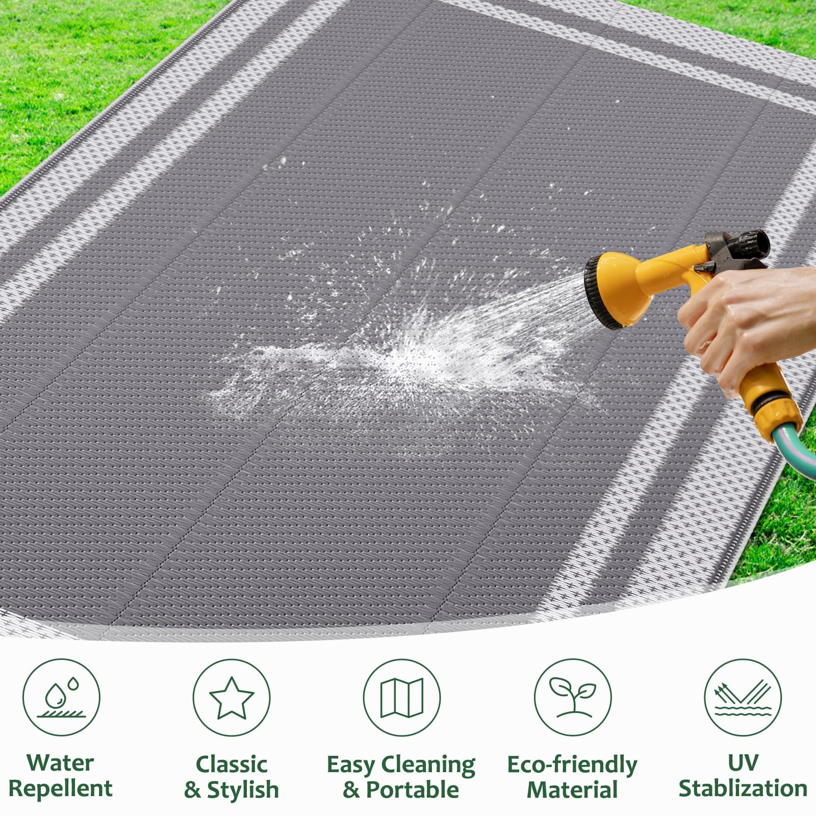 HappyTrends mat being hosed off showing waterproof surface and quick-clean benefit