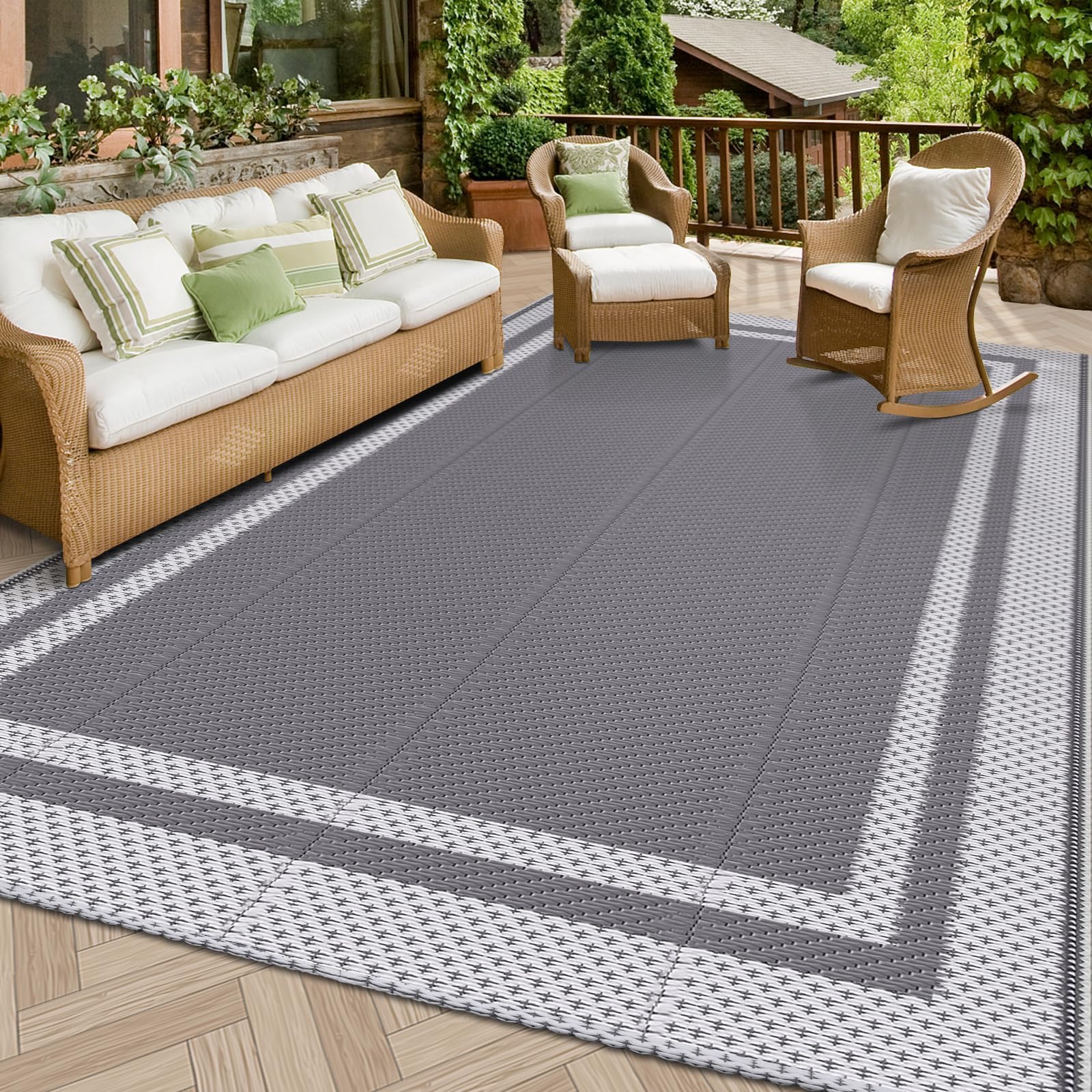 HappyTrends front view of outdoor rug showing full pattern and durable surface benefit