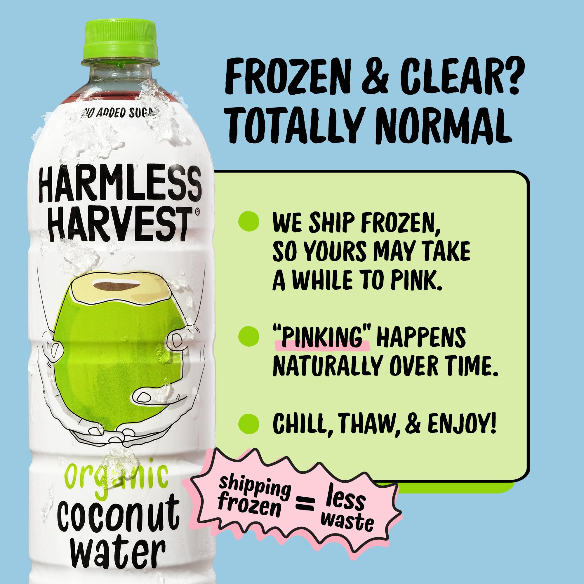 Harmless Harvest bottle in hand indicating portable single-serve convenience