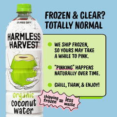 Harmless Harvest bottle in hand indicating portable single-serve convenience