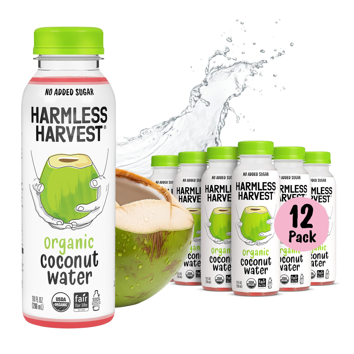 Harmless Harvest front-packaging showing 12-pack convenience and organic branding