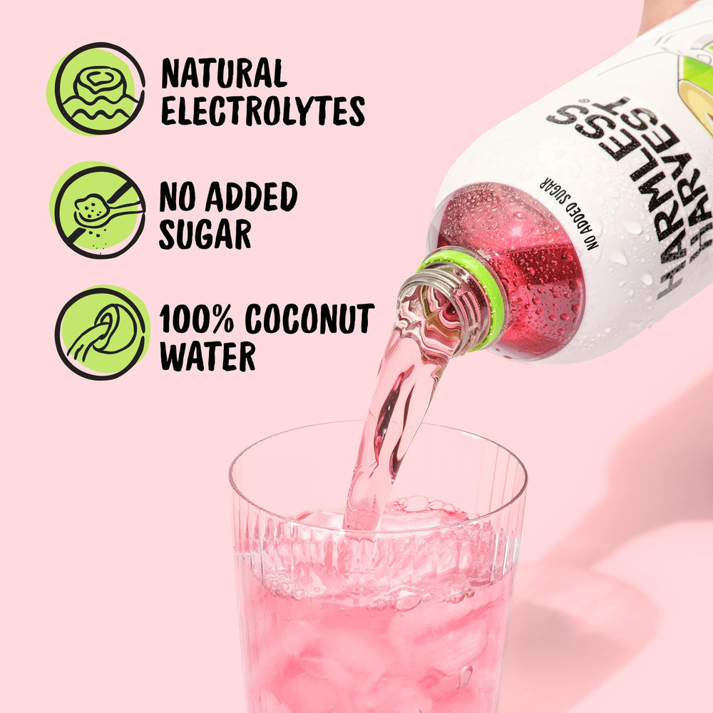Harmless Harvest poured into a glass showing clear liquid and clean taste benefit