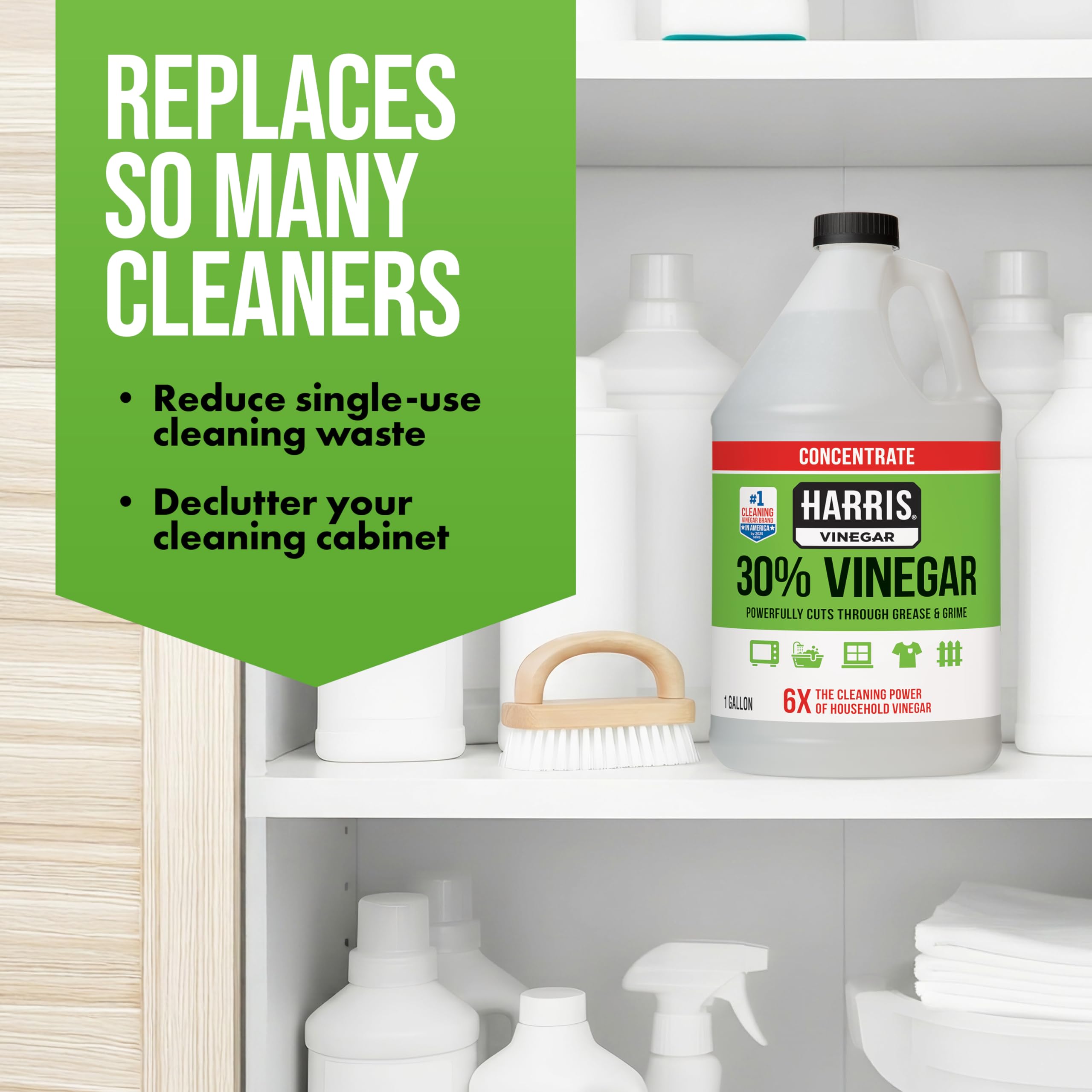 HARRIS bottle beside spray bottle illustrating concentrate to ready-to-use scale