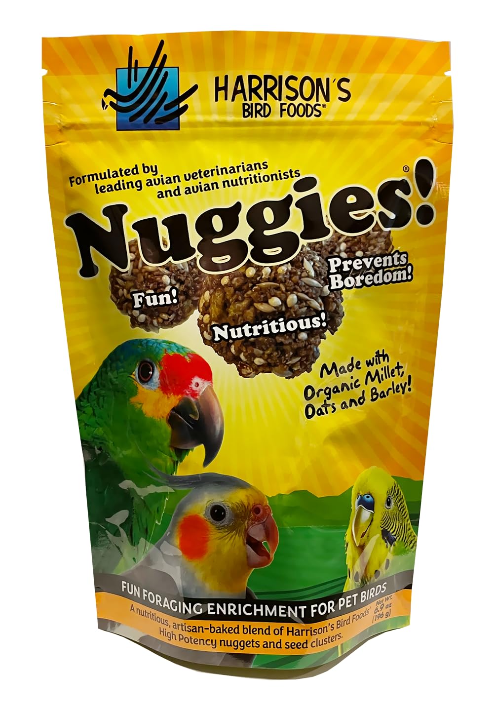 Harrison's Bird Foods front packaging showing product benefits and weight