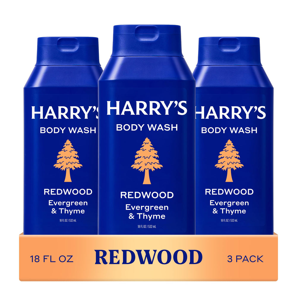 Harry's Redwood front packaging showing bottle and scent benefit