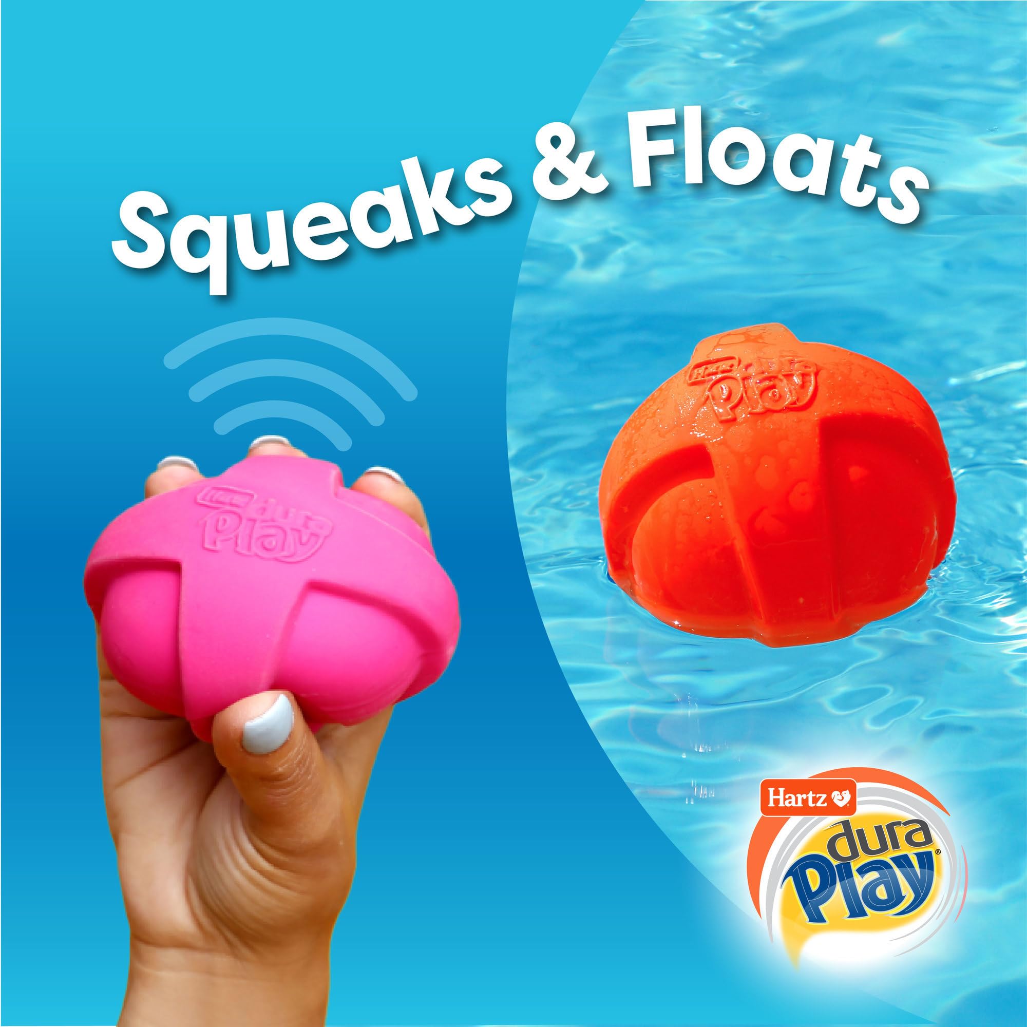 Hartz DuraPlay ball floating in pool showing water play benefit