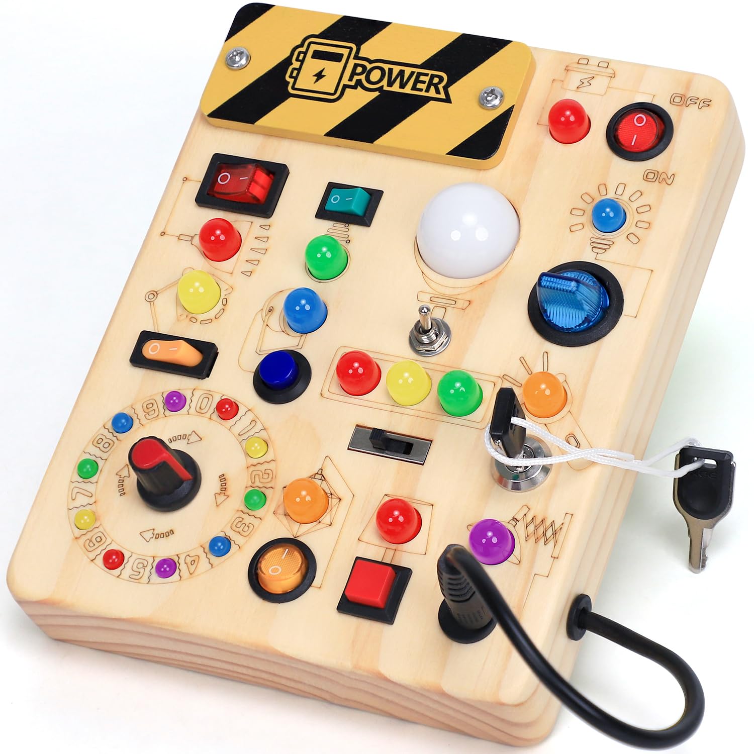 HarVow busy board front view showing switches and LEDs for engaging play