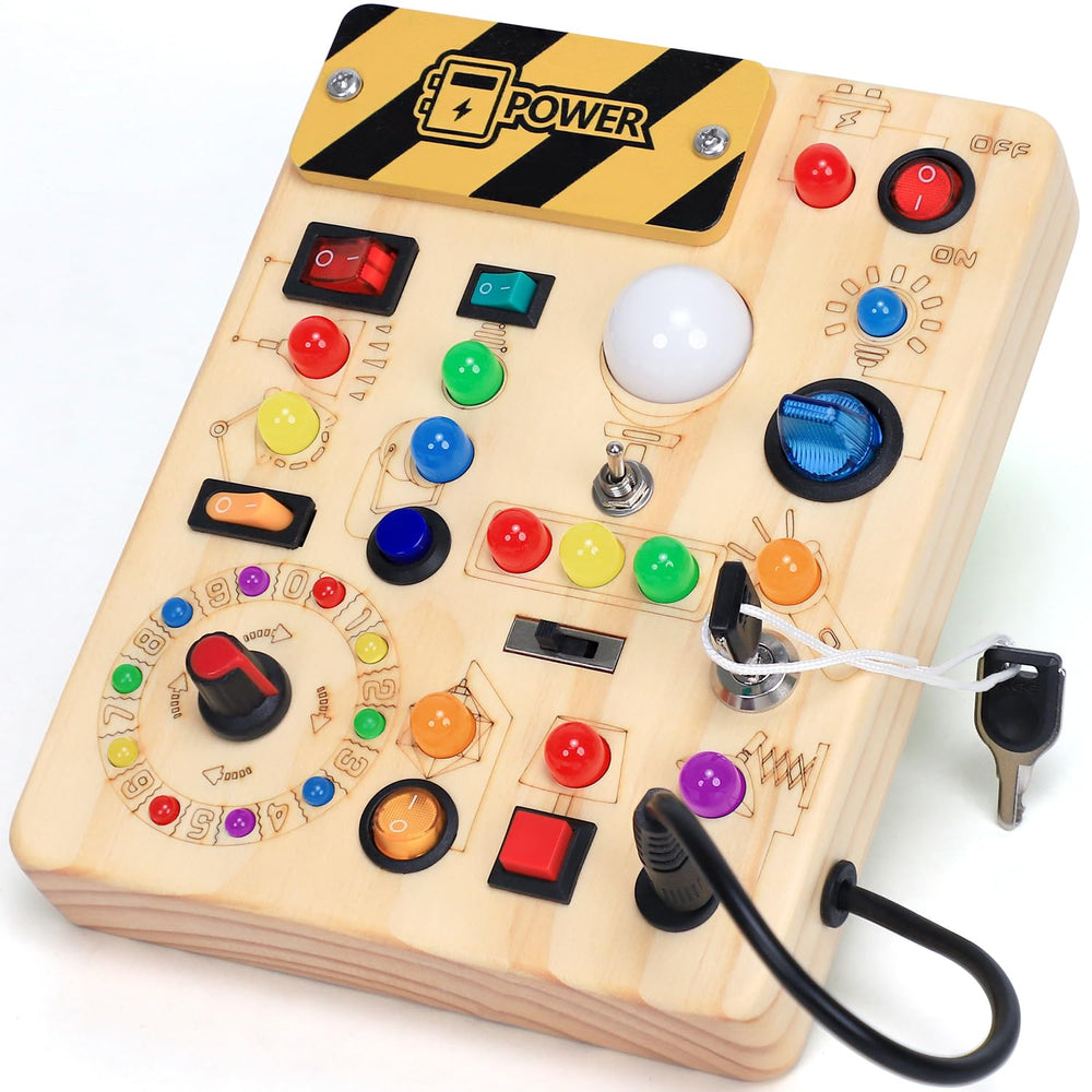 HarVow busy board front view showing switches and LEDs for engaging play